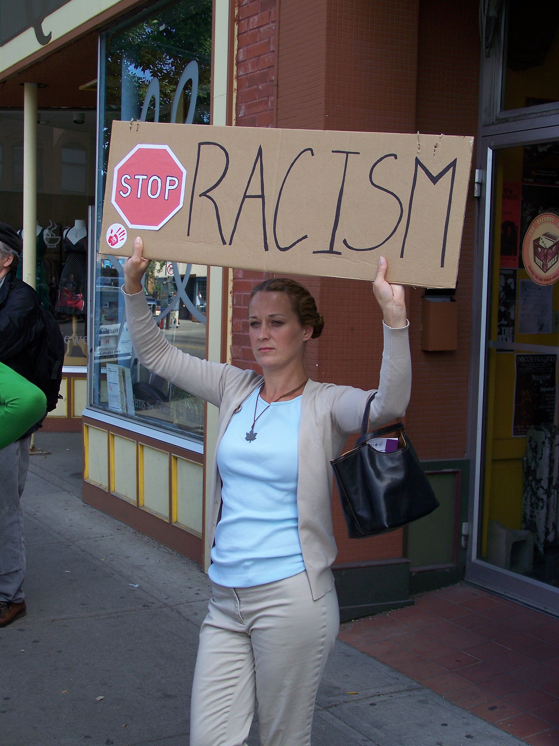 People protest against racism in the Kensington community of Calgary, Alberta.